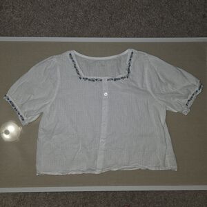 White Button-Front Square-Neck Blouse with Blue Floral Trim